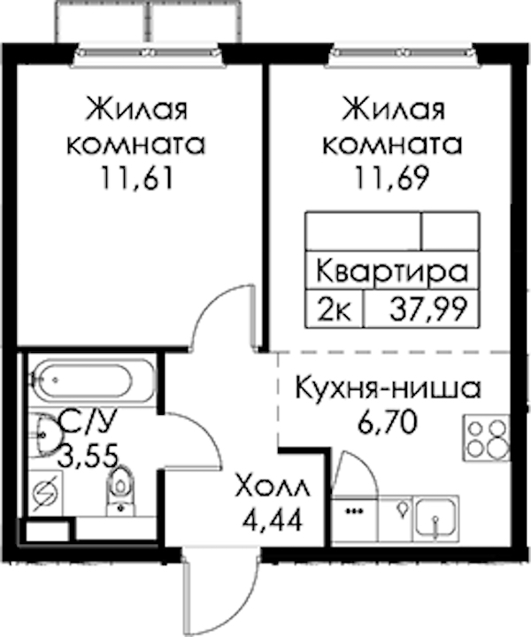 1-комнатная квартира 37.99 м², 10/15 эт., ЖК «Янинский лес»